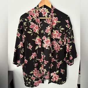 Black and Pink Floral Open Relaxed Kimono